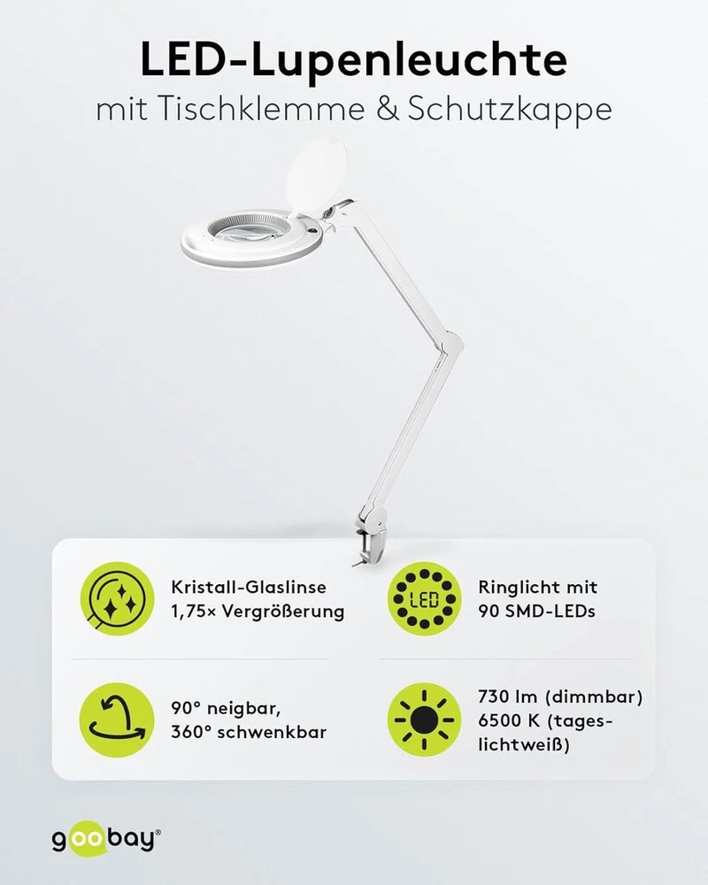 Goobay 60362 Led didinamasis šviestuvas su spaustuku / 9 W energijos sąnaudos / 127 mm krištolo stiklo lęšis / 6400 K spalvos temperatūra / 1,75x didinimas / 83–730 liumenų šviesos srautas / baltas