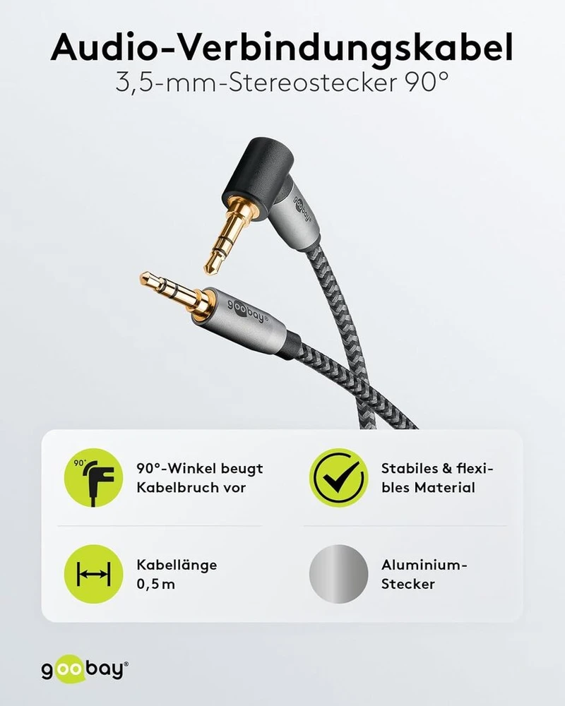Goobay 65277 aux audio 0,5 m / 90 laipsnių kampo kištukas / 3,5 mm jack kabelis su tekstiline danga / tinka mobiliesiems telefonams, ausinėms, konsolei