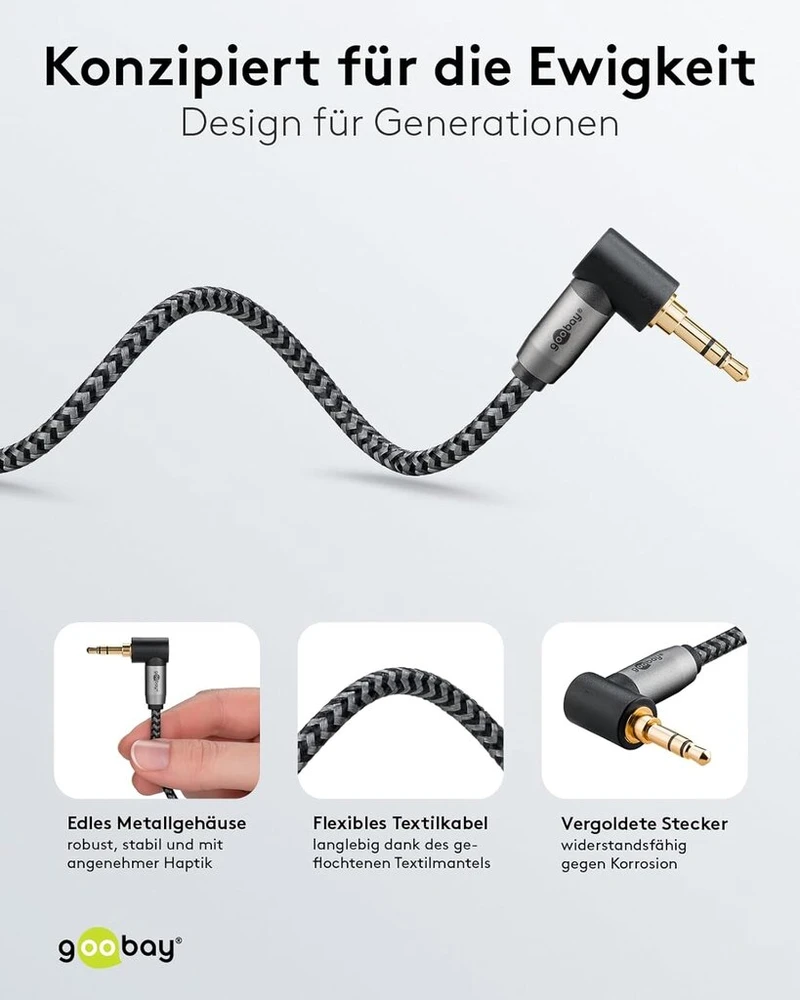 Goobay 65277 aux audio 0,5 m / 90 laipsnių kampo kištukas / 3,5 mm jack kabelis su tekstiline danga / tinka mobiliesiems telefonams, ausinėms, konsolei
