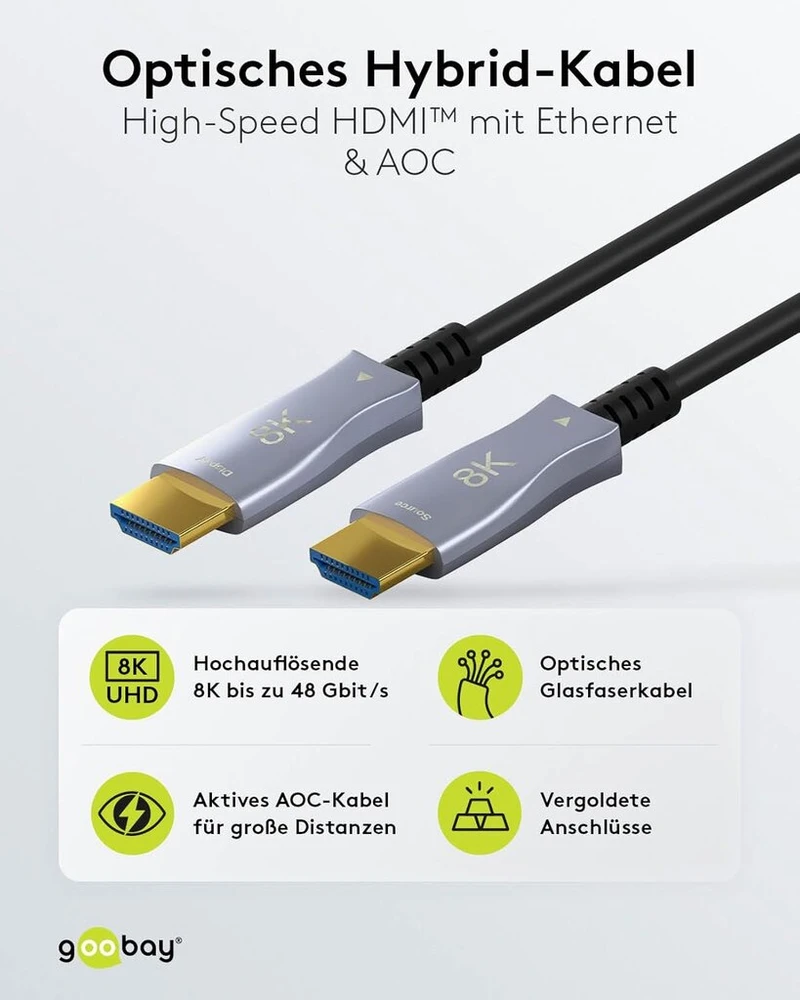 Goobay 65564 hdmi 2.1 (aoc) kabelis 80 m / 8k 60 hz ir 4k 120 hz šviesolaidinis kabelis / optinis hdmi kabelis, skirtas hdtv, projektoriui, monitoriui ir kt. / aktyvus av kabelis