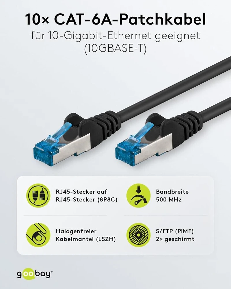 Goobay 66045 cat 6a tinklo kabelis, 10 vnt. rinkinys / ekranuotas s/ftp patch kabelis / cu ethernet kabelis, pimf, lszh / cat 6a kabelis su 10 gbit/s / juodas / 10 x 2 m