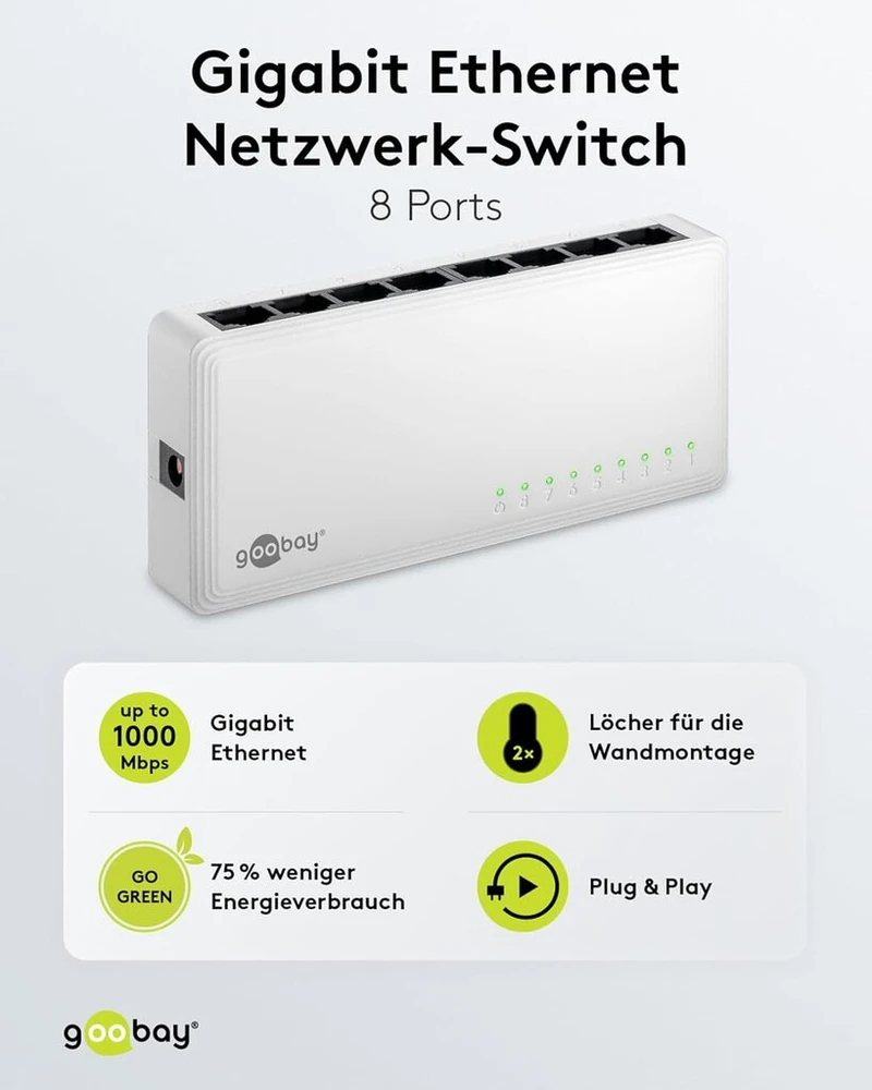 Šakotuvas Goobay 8 prievadų Gigabit tinklo jungiklis, 1000 Mbps