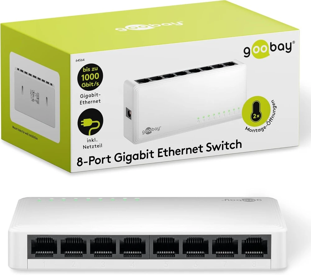 Šakotuvas Goobay 8 prievadų Gigabit tinklo jungiklis, 1000 Mbps