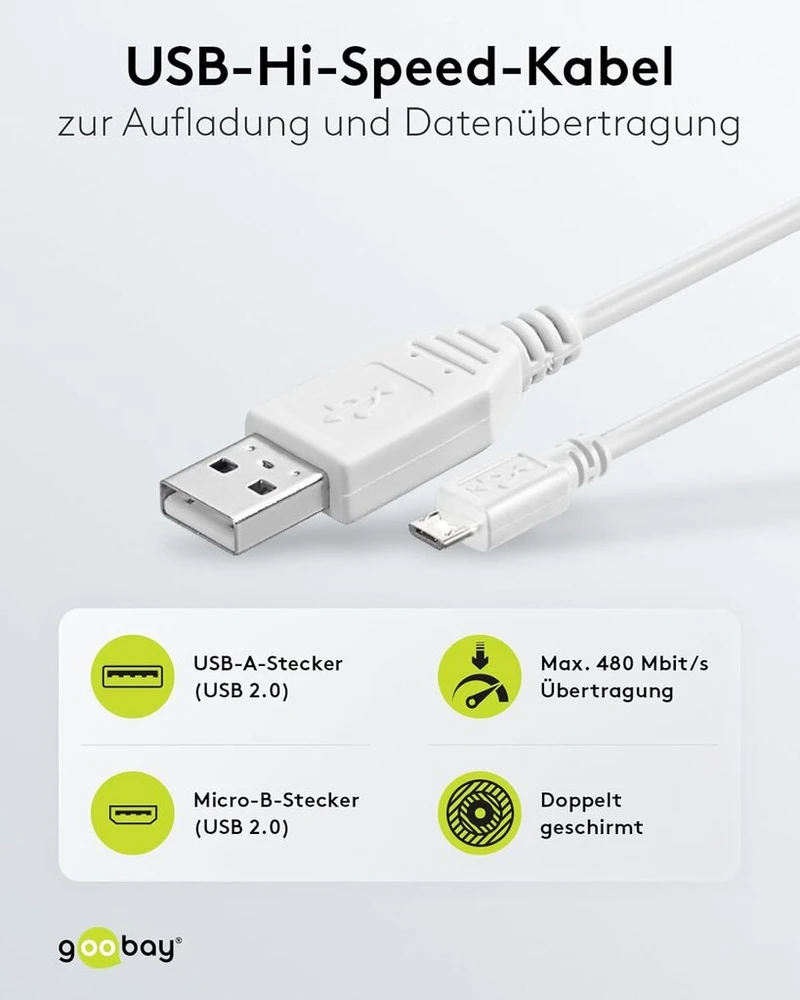 Goobay 96192 usb 2.0 hi-speed kabelis, baltas, 0.6m ilgio