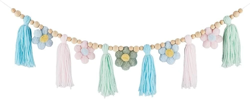 Gorgecraft medvilnės gėlių kutų girlianda 1.28 m boho pastelinių kutų girlianda su mediniais karoliukais ramunėlių rožiniais ir mėlynais kutais sienų pakabinama girlianda reklaminė juosta vakarėlio dekoracija kambariui miegamajam