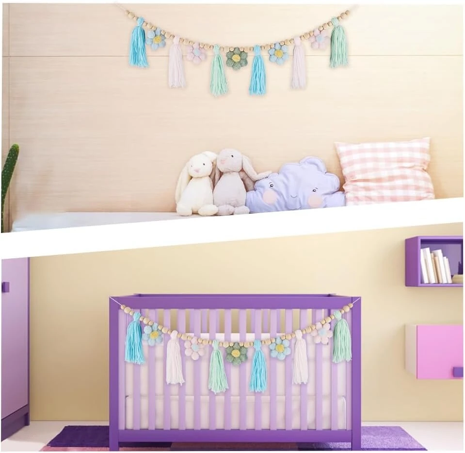 Gorgecraft medvilnės gėlių kutų girlianda 1.28 m boho pastelinių kutų girlianda su mediniais karoliukais ramunėlių rožiniais ir mėlynais kutais sienų pakabinama girlianda reklaminė juosta vakarėlio dekoracija kambariui miegamajam