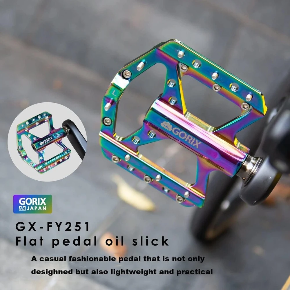Gorix plokšti dviračio pedalai Oil Slick, platūs, lengvi su neslystančiais smaigalio kaiščiais, skirti plento, kalnų Mtb dviračiams (gx-fy251)