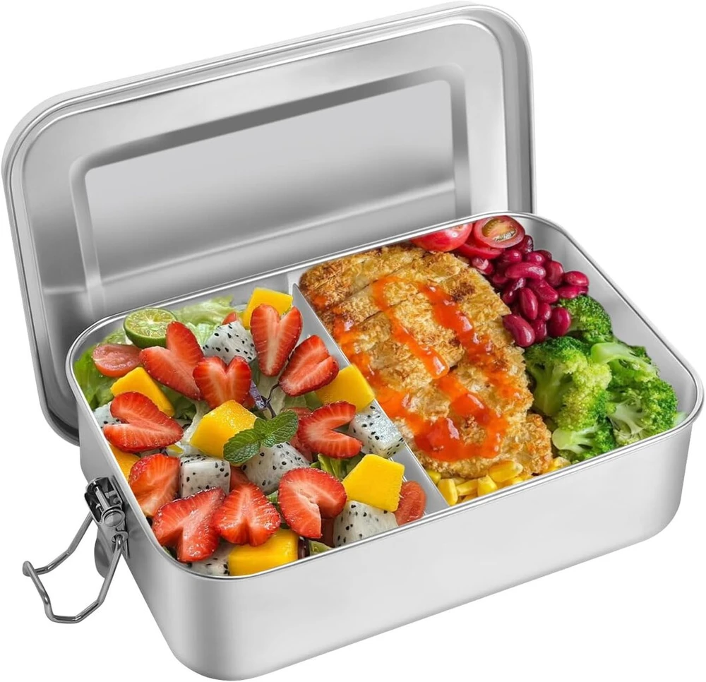 Goshies Bento dėžutė iš nerūdijančio plieno 1400 ml su skyrikliais ir sandarinimo žiedu, pietų dėžutė su skyreliais ir sandarinimo žiedu, nerūdijantis plienas su skyreliais