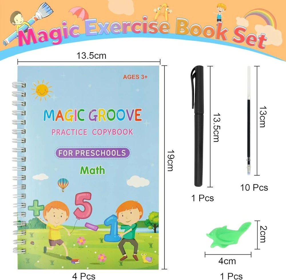 Gotfun Magiški pratimų sąsiuviniai su rašikliu, 4 vnt. Daugkartinio naudojimo magiški rašymo mokymosi sąsiuviniai vaikams, skirti mokytis matematikos, raidžių, skaičių ir piešimo (anglų kalba)