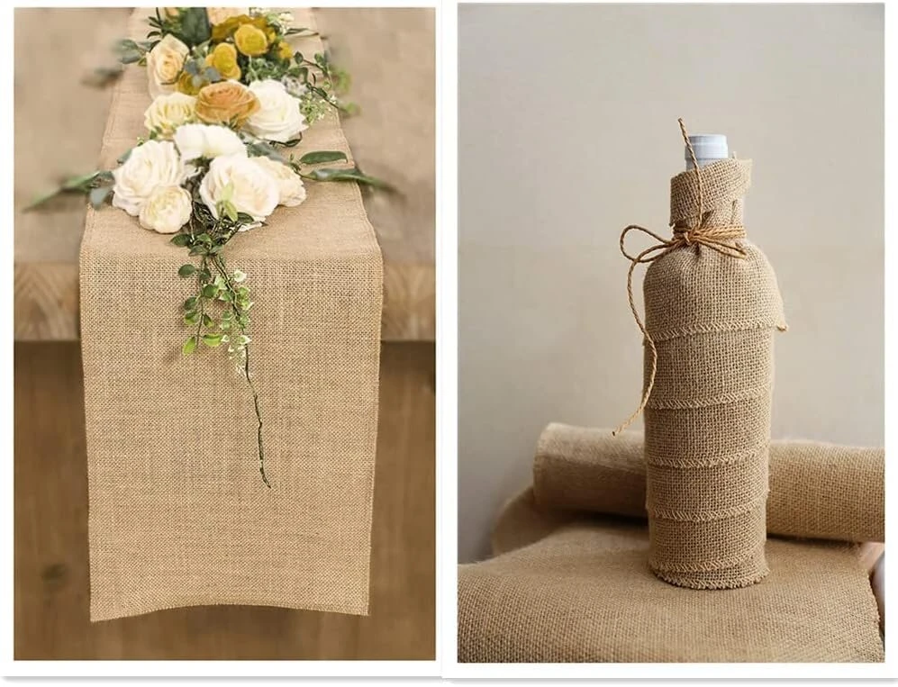 Gototop vintažinis džiuto stalo takelis, džiuto ritinys apsiūtais kraštais vestuvių stalo dekoracija Kalėdų vestuvių vakarėliui (30 cm x 2 m)
