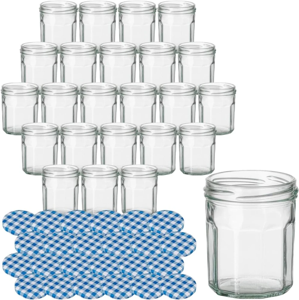 Gouveo Dekagon rinkinys, 24 stiklainiai konservavimui, 200 ml, su užsukamu dangteliu, languotas mėlynas - siauro kaklelio stiklainiai su Twist-off uždarymu - maži stiklainiai naminiams produktams (egd200kb)