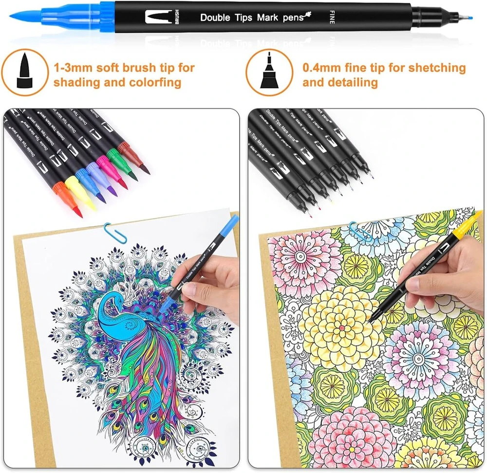 Gplmq teptukų rinkinys, 168 flomasteriai su dvipusiais teptukais, akvarelinių žymeklių rinkinys, fineliners rinkinys kaligrafijai, rankų rašymui, manga žurnalams, stori ir ploni flomasteriai suaugusiems