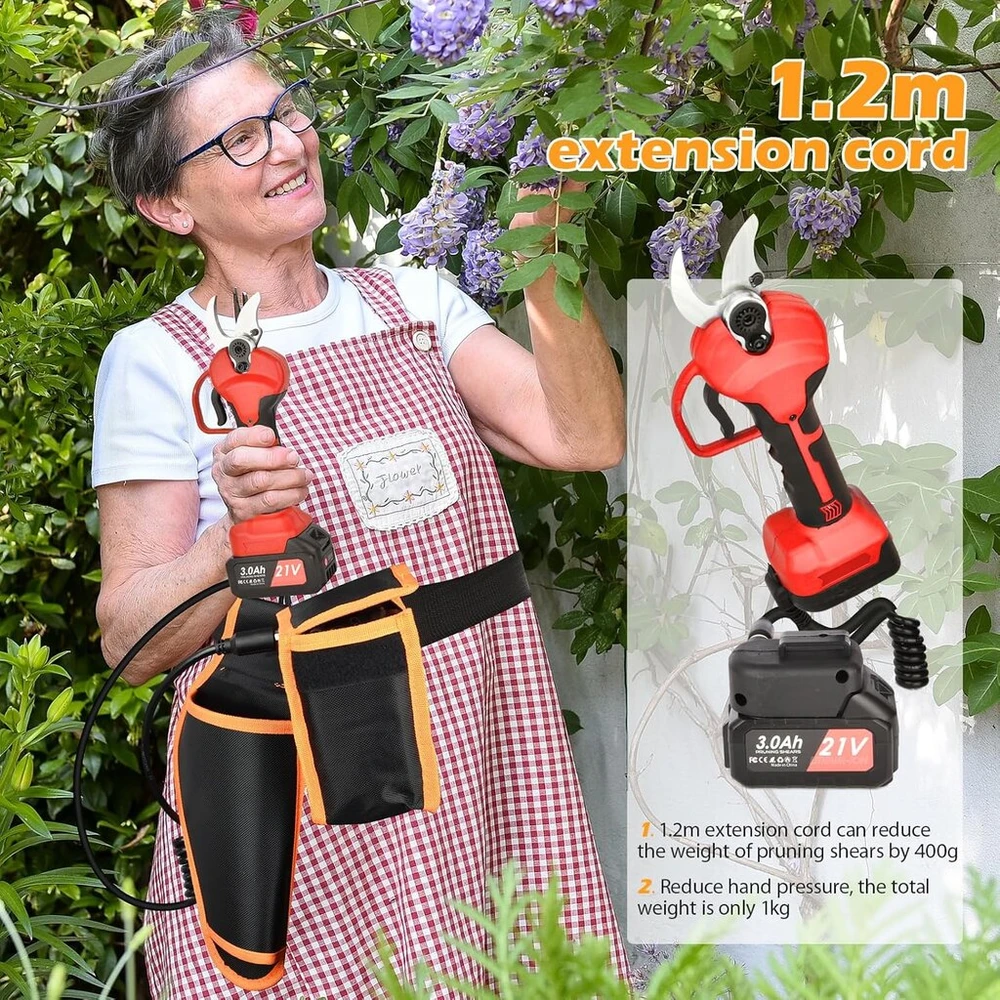 Grandininis pjūklas Akumuliatorinės genėjimo žirklės su 1,2 m ilgio prailginimo laidu: 40 mm belaidės sodo žirklės, 21 V 2 x 3000 Mah akumuliatorinės genėjimo žirklės, skirtos alyvmedžiams, vynuogynams, sodininkystei, vaismedžiams
