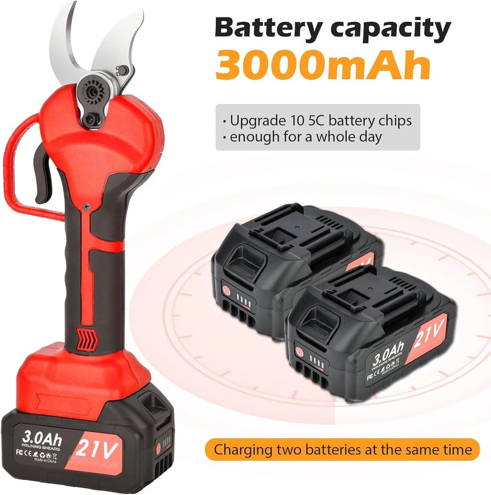 Grandininis pjūklas Akumuliatorinės genėjimo žirklės su 1,2 m ilgio prailginimo laidu: 40 mm belaidės sodo žirklės, 21 V 2 x 3000 Mah akumuliatorinės genėjimo žirklės, skirtos alyvmedžiams, vynuogynams, sodininkystei, vaismedžiams
