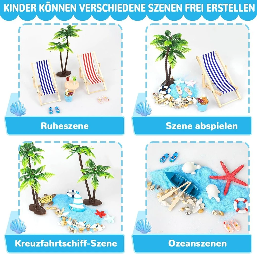 Grantop 33 paplūdimio mikro peizažo rinkinys, mini paplūdimio dekoracijos, mini gulto kėdė, maža palmės dekoracija, prašmatnus miniatiūrinių ornamentų rinkinys, miniatiūrinė dekoracija "pasidaryk pats" zen sodo dekoravimui