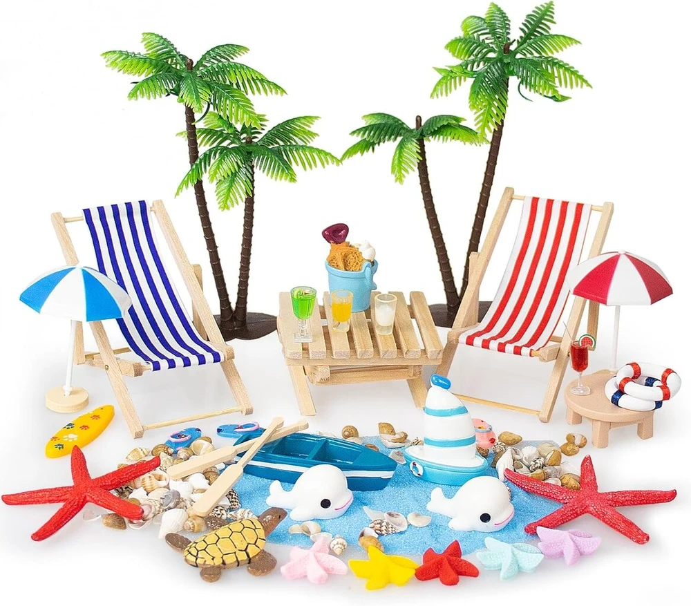 Grantop 33 paplūdimio mikro peizažo rinkinys, mini paplūdimio dekoracijos, mini gulto kėdė, maža palmės dekoracija, prašmatnus miniatiūrinių ornamentų rinkinys, miniatiūrinė dekoracija "pasidaryk pats" zen sodo dekoravimui