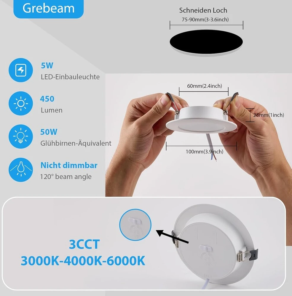 Grebeam 12 vnt. 5 W Led vonios kambario prožektorių rinkinys, 450 lm, Ip65 Led prožektoriai, šiltai balta, neutrali balta, šalta balta, 3000 K/4000 K/6000 K, įleidžiamas Led prožektorius, 230 V, išpjovos skylės dydis: skersmuo