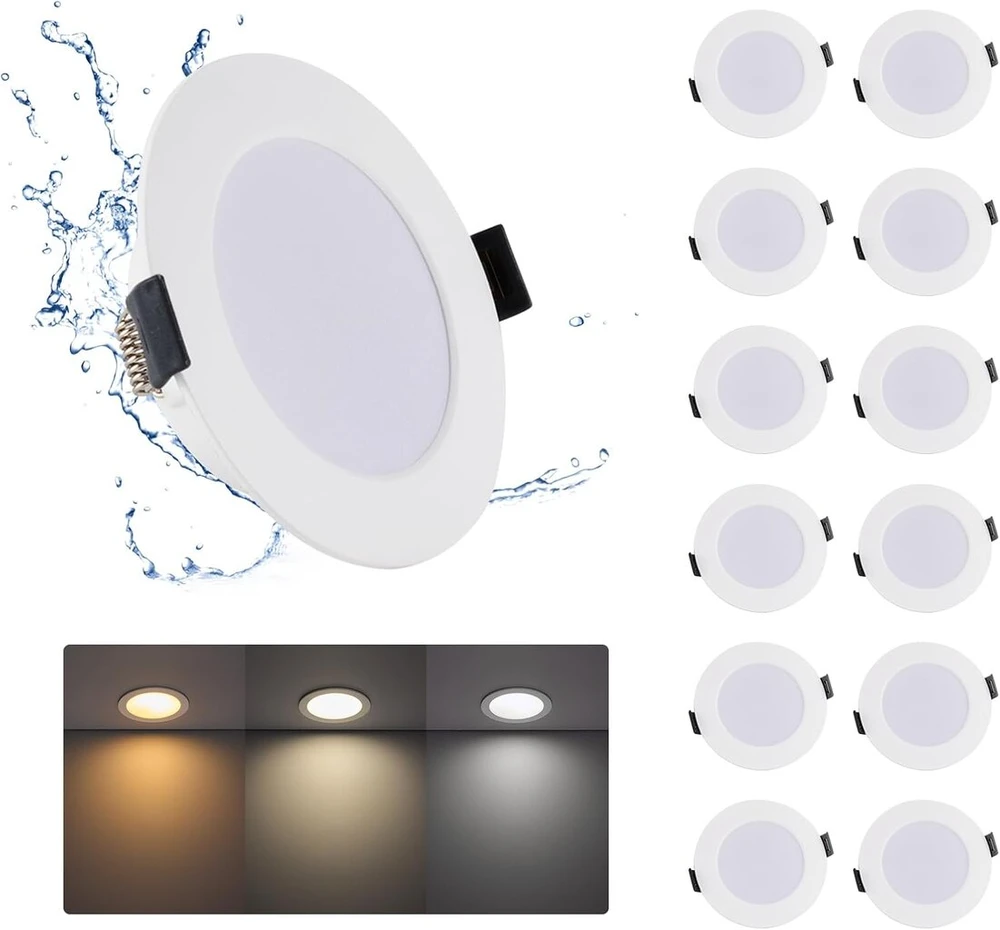 Grebeam 12 vnt. 5 W Led vonios kambario prožektorių rinkinys, 450 lm, Ip65 Led prožektoriai, šiltai balta, neutrali balta, šalta balta, 3000 K/4000 K/6000 K, įleidžiamas Led prožektorius, 230 V, išpjovos skylės dydis: skersmuo