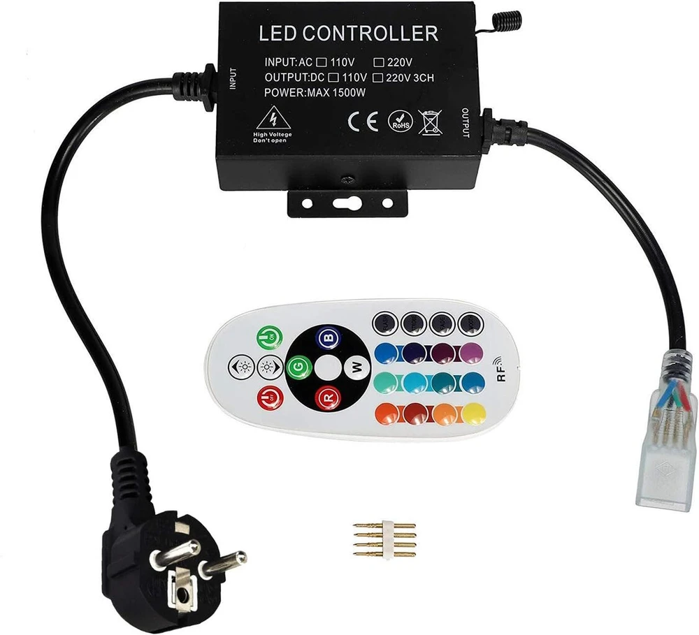 Greensun Rf valdiklis Led juostoms, 24 mygtukų nuotolinio valdymo pultas, 220 V valdiklio valdymas, maitinimo šaltinio kištuko kabelis Rgb Led juostos šviestuvui