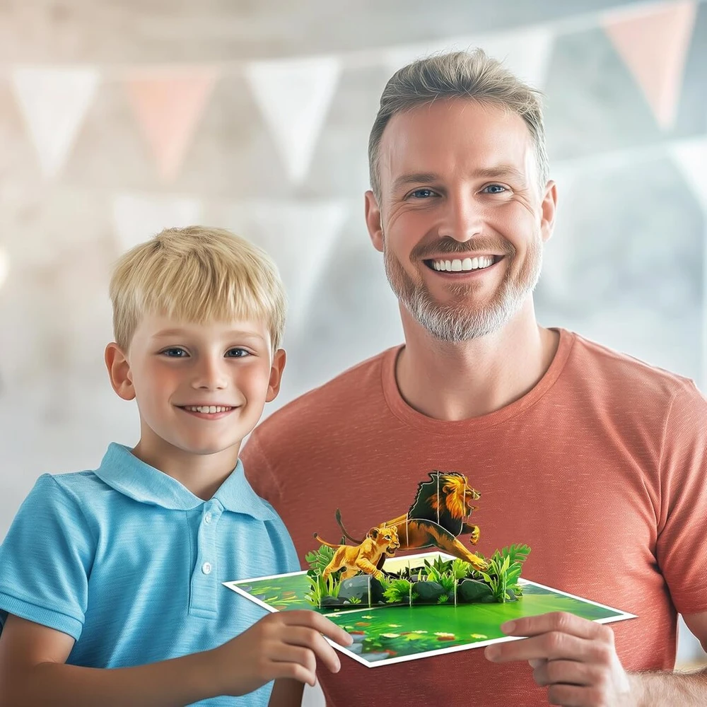Greeting Art Atvirukas su liūtu, iššokantis atvirukas tėvo dienai, iššokantys sveikinimo atvirukai, unikalūs 3d liūto sveikinimo atvirukai kūdikio sutiktuvių, tėvo dienos ar gimtadienių proga, puikiai tinka vaikams ir suaugusiems