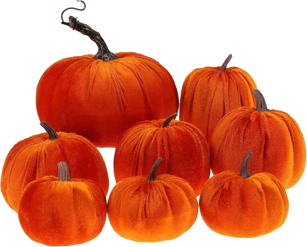 Gresorth rinkinys, 8 vnt., įvairūs dirbtiniai rankų darbo oranžiniai velvetiniai moliūgai, dirbtinio rudens derliaus Helovino dekoracija namams, sodybai