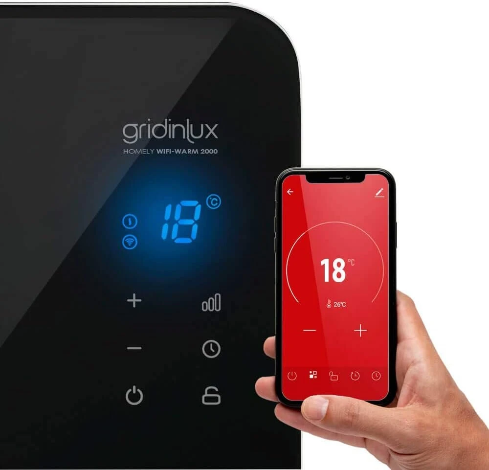 Gridinlux Homely Wifi elektrinis radiatorius Warm Juodas 2000 W programuojamas valdymas mobiliuoju telefonu per programėlę ir Wifi 2 galios lygiai mažas energijos suvartojimas atsparumas Ip24