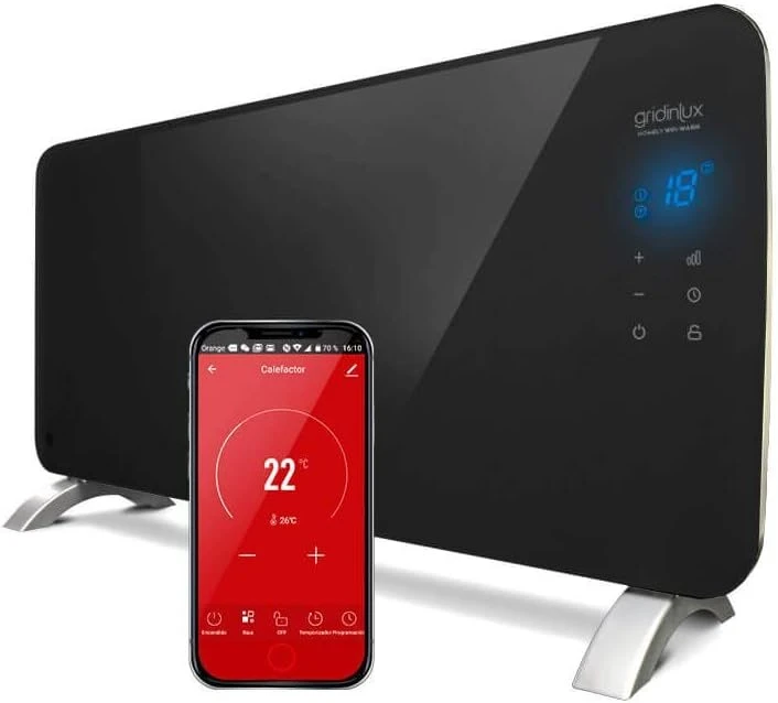 Gridinlux Homely Wifi elektrinis radiatorius Warm Juodas 2000 W programuojamas valdymas mobiliuoju telefonu per programėlę ir Wifi 2 galios lygiai mažas energijos suvartojimas atsparumas Ip24