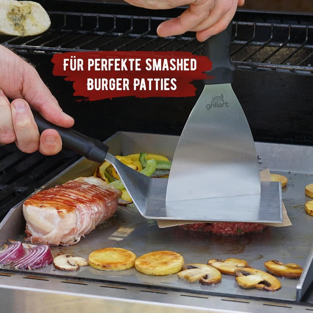Grillart® Premium grilio mentelių rinkinys, pagamintas iš aukštos kokybės nerūdijančio plieno, skirtas smulkintiems mėsainiams, įskaitant 30 vnt. mėsainių popieriaus - grilio mentelė plančiai ir teppanyaki - nerūdijančio plieno grilio mentelė -