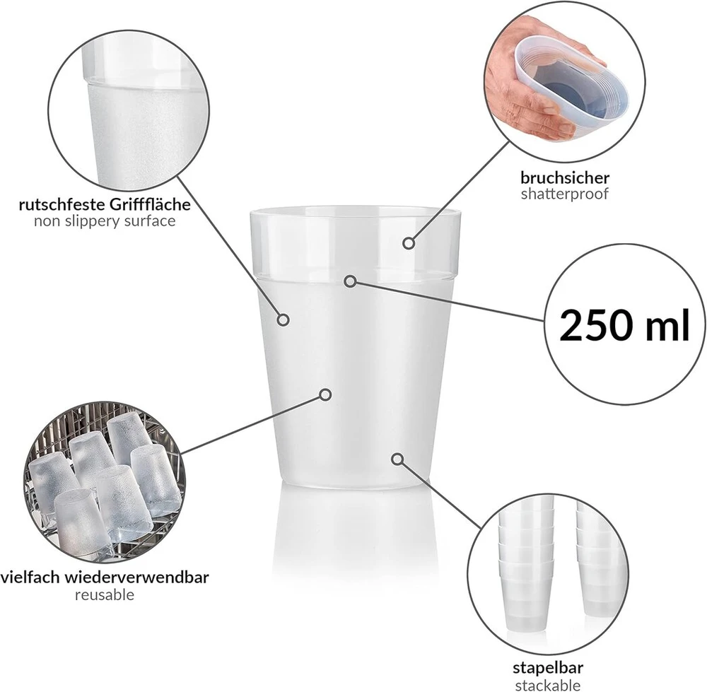 Grizzly daugkartinio naudojimo gėrimų puodelių rinkinys i 30 skaidrių gėrimų puodelių rinkinys 0,25 l i plastikinis i sukraunamas i indaplovėje plaunami plastikiniai puodeliai