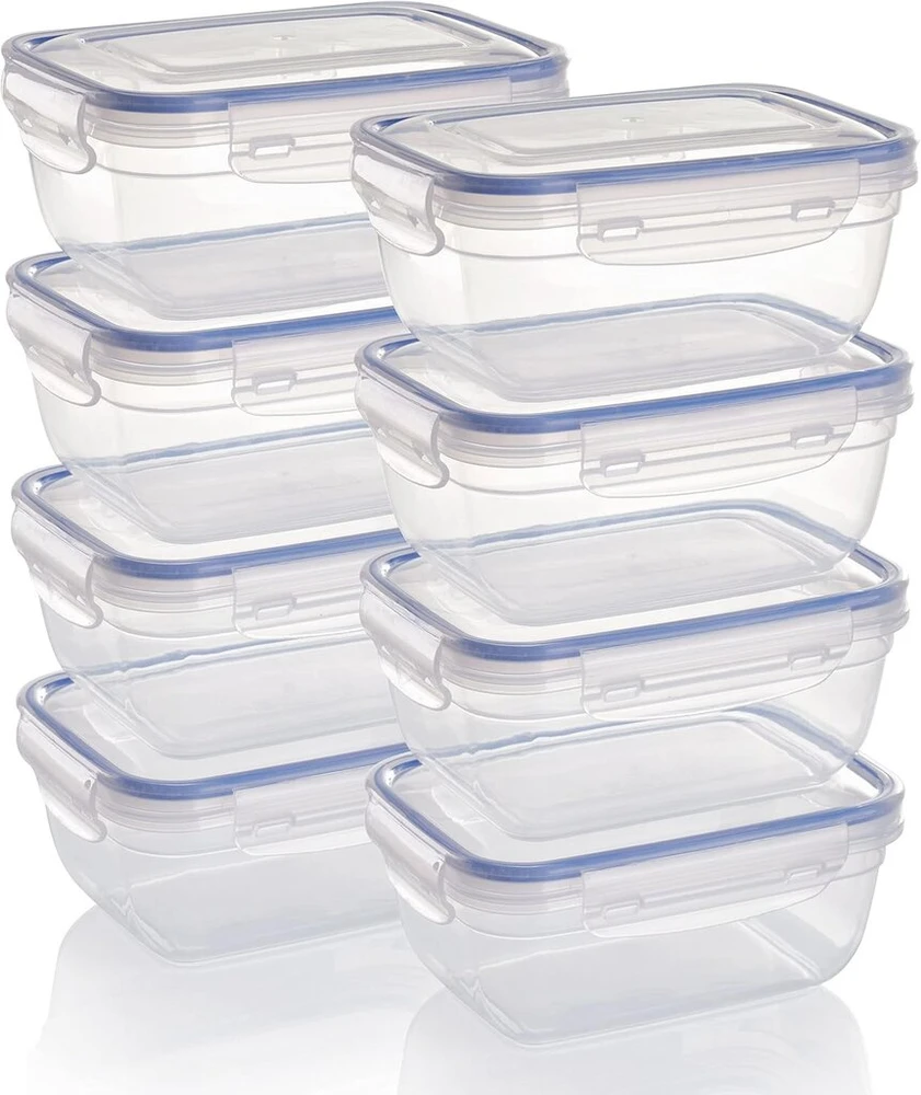 Grizzly plastikinių maisto produktų laikymo indelių rinkinys, 8 x stiklainiai su dangteliu, stačiakampiai, sukraunami, nedūžtantys, tinkami naudoti mikrobangų krosnelėje ir indaplovėje