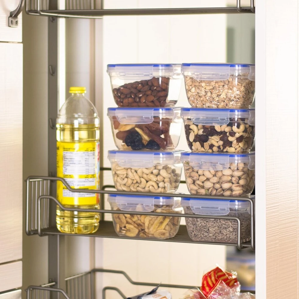 Grizzly plastikinių maisto produktų laikymo indelių rinkinys, 8 x stiklainiai su dangteliu, stačiakampiai, sukraunami, nedūžtantys, tinkami naudoti mikrobangų krosnelėje ir indaplovėje