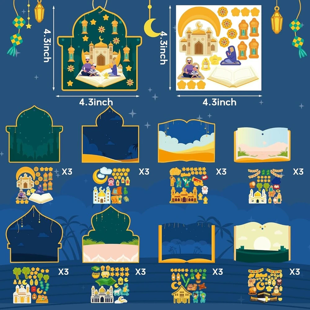 Grobro7 49 vnt. ramadano scenos lipdukai su virvėmis Eid Mubarak "pasidaryk pats" popieriaus amatų rinkiniai, mečetės kupranugario pakabinamos dekoracijos, musulmonų religinės tematikos dovana medžiams, langų, sienų dekoravimui