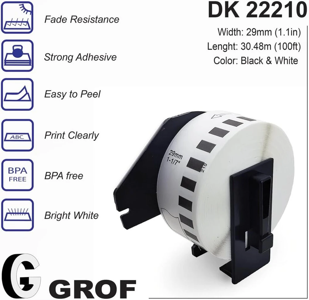 Grof dk-22210 endless etikečių popierius - 10 ritinių etikečių popieriaus, suderinamas su brother ql etikečių spausdintuvu - 29 mm x 30.48 m dk22210 juodas