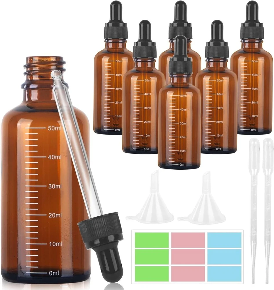 Grofis 6 vnt. pipetės buteliukų rinkinys 50 ml, anti-uv rudojo stiklo buteliukas su lašintuvu, gintaro spalvos stiklinis buteliukas su 2 piltuvėliais, 2 pipetės adatos antgaliais, 1 lipduku, vaistinėje naudojamas buteliukas skystiems dažams aromaterapijai