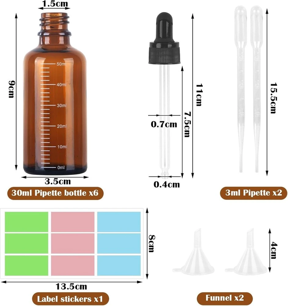 Grofis 6 vnt. pipetės buteliukų rinkinys 50 ml, anti-uv rudojo stiklo buteliukas su lašintuvu, gintaro spalvos stiklinis buteliukas su 2 piltuvėliais, 2 pipetės adatos antgaliais, 1 lipduku, vaistinėje naudojamas buteliukas skystiems dažams aromaterapijai