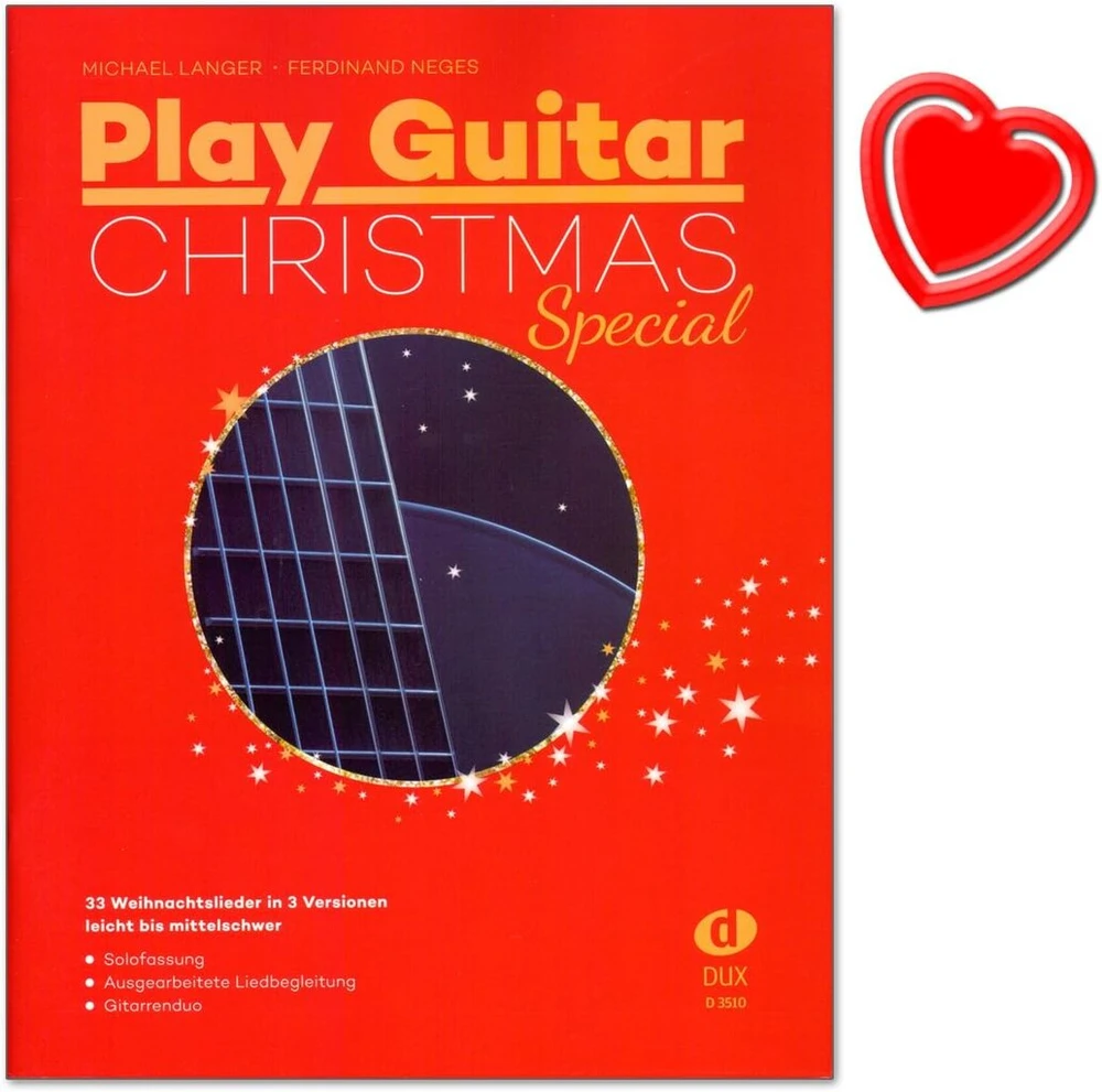 Groti gitara Kalėdų specialusis leidimas – 33 dainos 3 versijomis (solo, duetas, kalėdinė giesmė su gitaros akompanimentu) – lengvas–vidutinis lygis – natos su spalvota širdelės nata klamme
