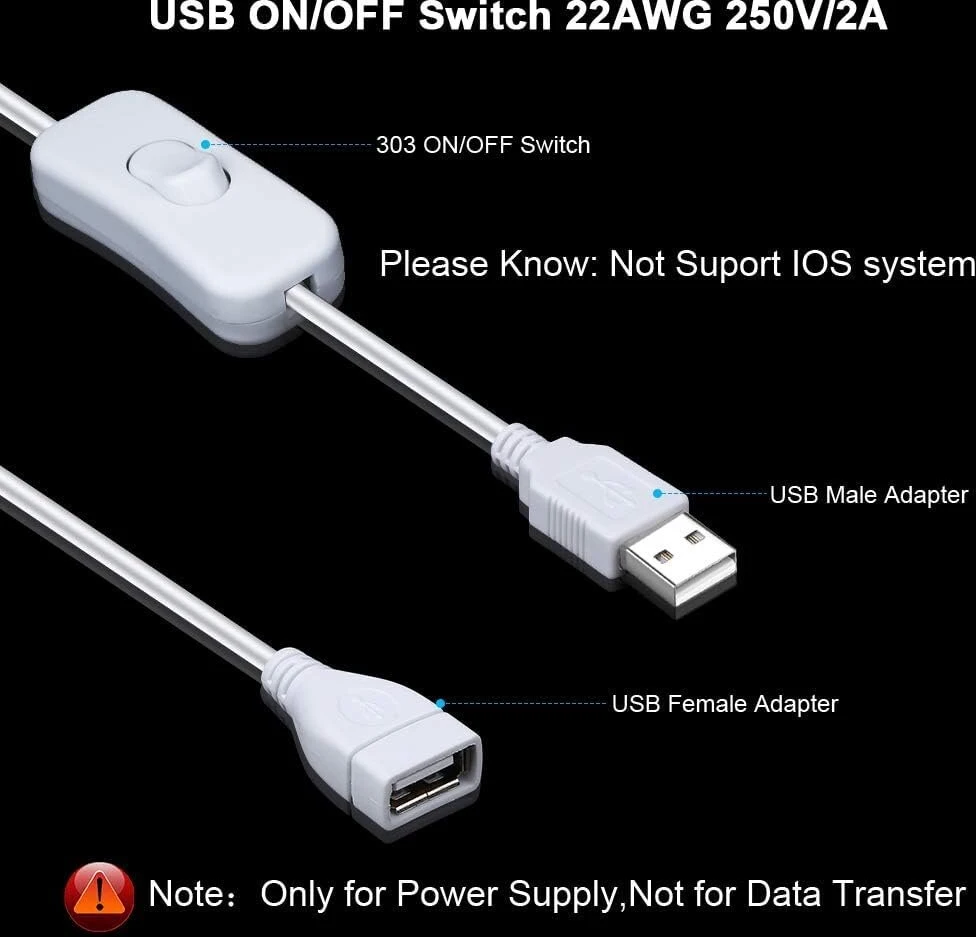 Gtiwung 4 vnt. Usb kabelių su įjungimo/išjungimo jungikliu, Usb tėviškas-moteriškas prailginimo laidas 35 cm baltas, skirtas Led stalinei lempai, Led juostai