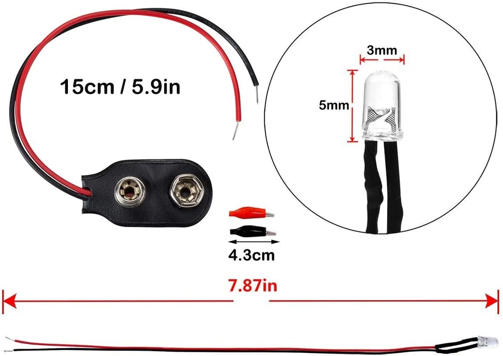Gtiwung 50 x iš anksto laiduotų šviesos diodų, diodų lemputė, 12 V iš anksto laiduota lemputė, 3 mm šviesos diodai su 20 cm kabeliu (5 spalvos, po 10 vienetų) + 50 vienetų 3 mm šviesos diodų tvirtinimo žiedai plastikiniai + 10 vienetų 15 cm 9 V T tipo bat