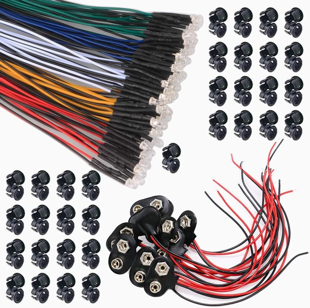 Gtiwung 50 x iš anksto laiduotų šviesos diodų, diodų lemputė, 12 V iš anksto laiduota lemputė, 3 mm šviesos diodai su 20 cm kabeliu (5 spalvos, po 10 vienetų) + 50 vienetų 3 mm šviesos diodų tvirtinimo žiedai plastikiniai + 10 vienetų 15 cm 9 V T tipo bat