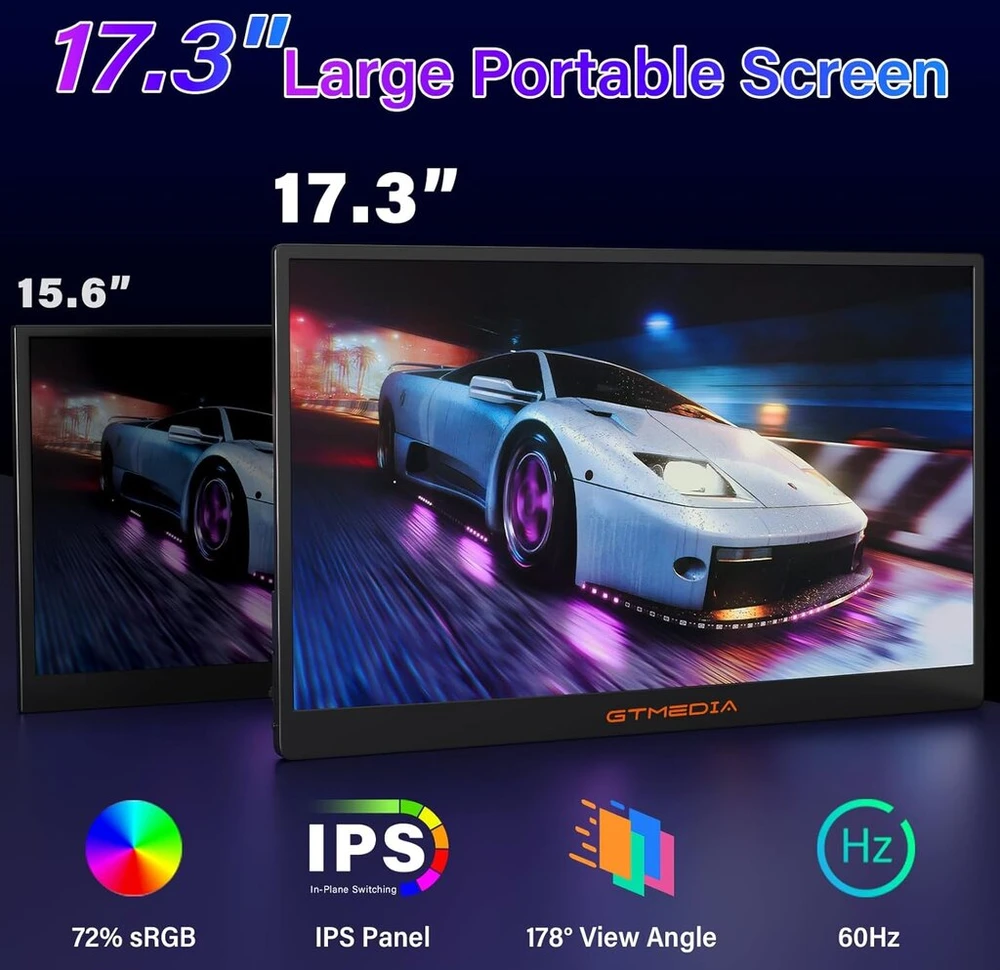Gtmedia 17.3 colių išorinis nešiojamojo kompiuterio monitorius, nešiojamas 60 Hz greitas atnaujinimo dažnis nešiojamam kompiuteriui 1080p Ips Fhd, nešiojamas, suderinamas su keliomis sistemomis su Hdmi/type C, Plug and Play