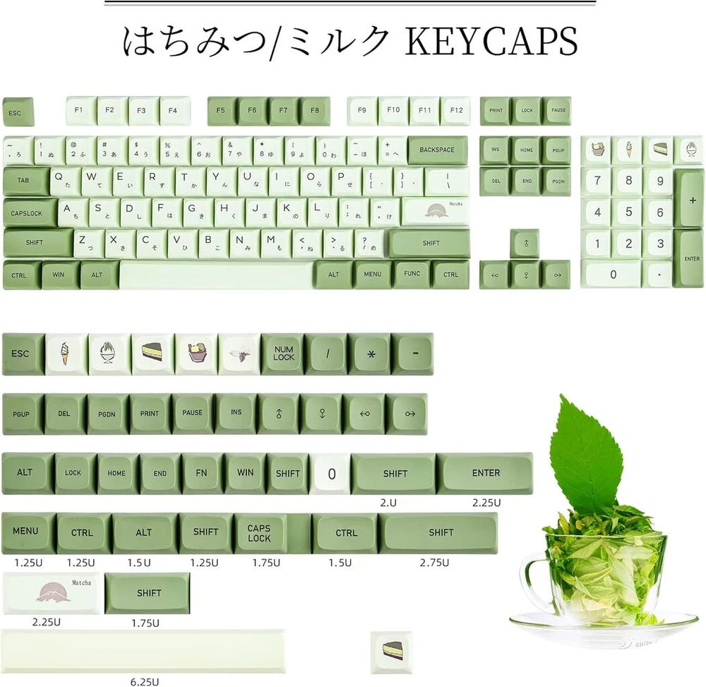 Gtsp Xda profilio japoniški klavišų dangteliai 60% Pbt 122 klavišų rinkinys, skirtas Cherry Mx dangteliams Tenkeyless 60% 65% žaidimų klaviatūrai (matcha)