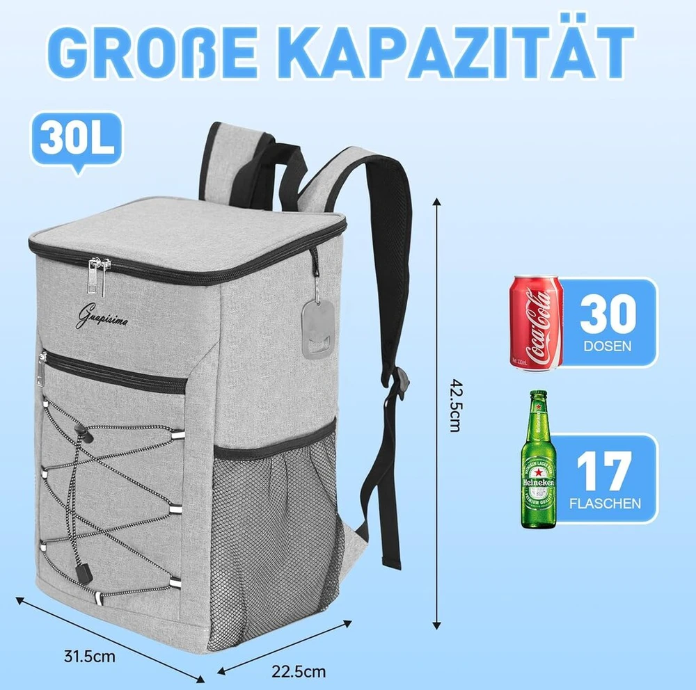 Guapisima 30 l šaldomasis kuprinė-krepšys piknikui, didelis izoliuotas šaldomasis krepšys vyrams ir moterims piknikams / paplūdimiams / kepsninėms / stovyklavimui / ekskursijoms (pilka)