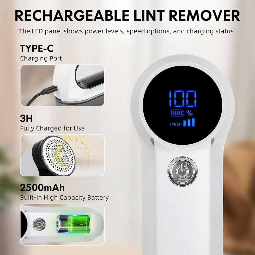 Gupay elektrinis pūkų rinkiklis, įkraunamas 2500 Mah pūkų valiklis su 3 greičiais, 6 ašmenų peiliukais, Led ekranas, Usb įkraunamas pūkų rinkiklis, pūkų rinkiklis drabužiams ir baldams