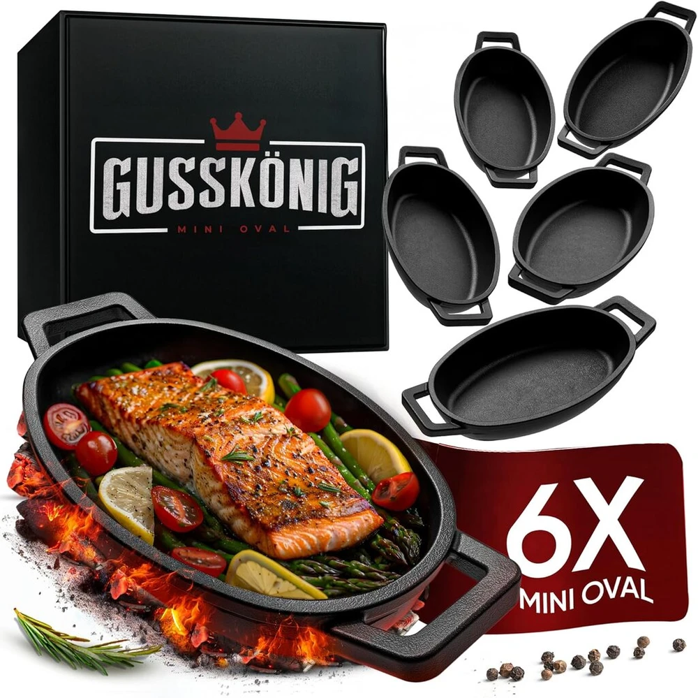 Gusskönig serviravimo keptuvių rinkinys - 6 ovalios ketaus keptuvės griliui - mažos ketaus keptuvės 11 x 19 cm - degintos mini keptuvės