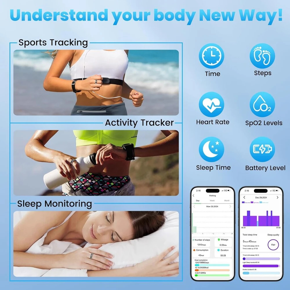 Gwenland išmanusis žiedas, skirtas vyrams ir moterims, fitneso sekimo žiedai su led ekranu, sveikatos žiedas ip68 atsparus vandeniui su ios ir android, aktyvumo sekiklis / širdies ritmas / spo2 / miegas (sidabrinis, 10)