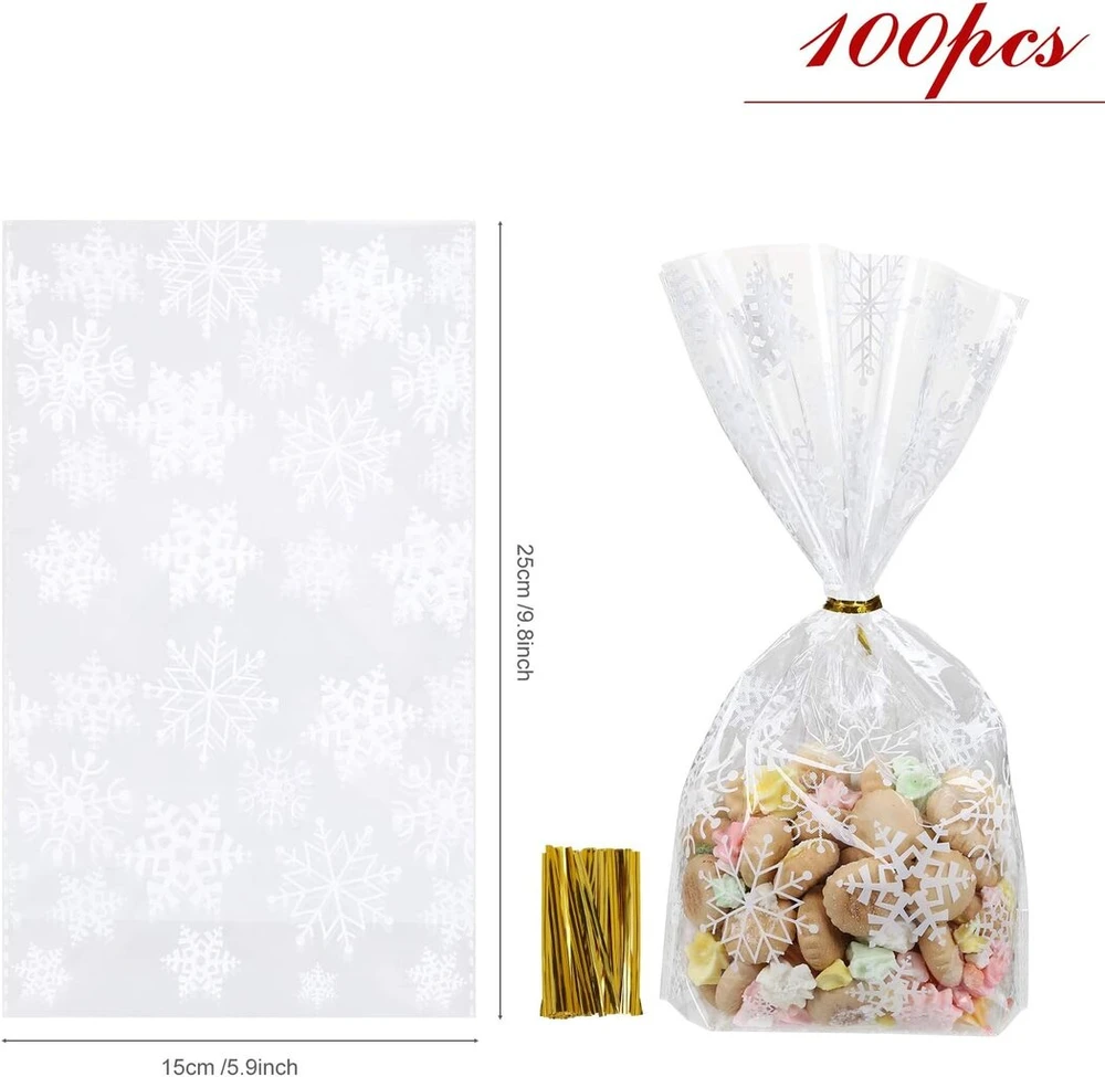 Gwhole 100 vnt. snaigių kalėdinių celofaninių maišelių 25 x 15 cm skaidrūs maišeliai su sukamaisiais raišteliais