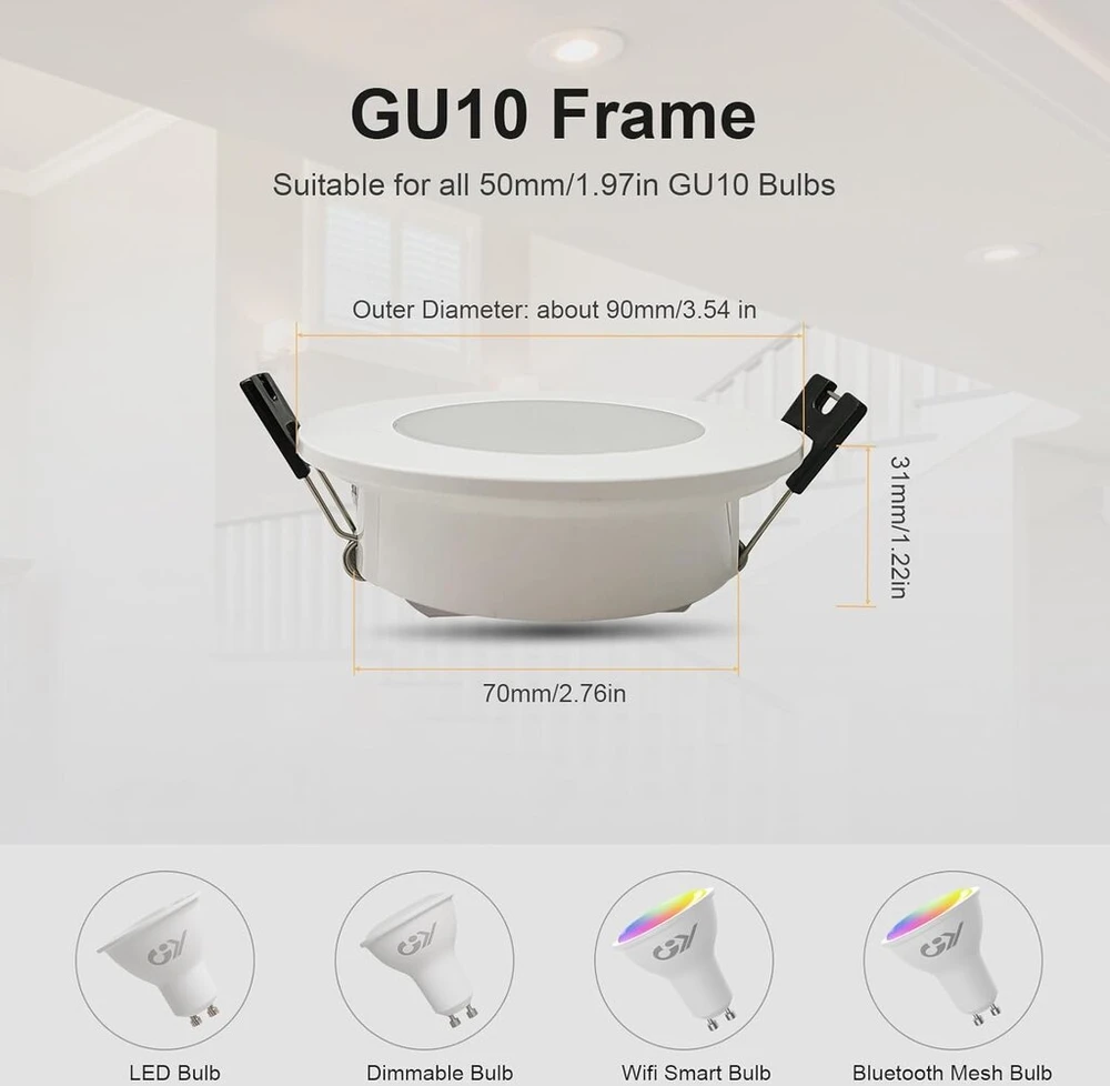 Gy 6 led įleidžiami prožektoriai su gu10 lizdu, ip65 įleidžiami šviestuvai vonios kambariui, virtuvei, led gu10 montavimo rėmas lubinis prožektorius baltas apvalus, lizdas mr16 led lemputėms, 35° pasukamas