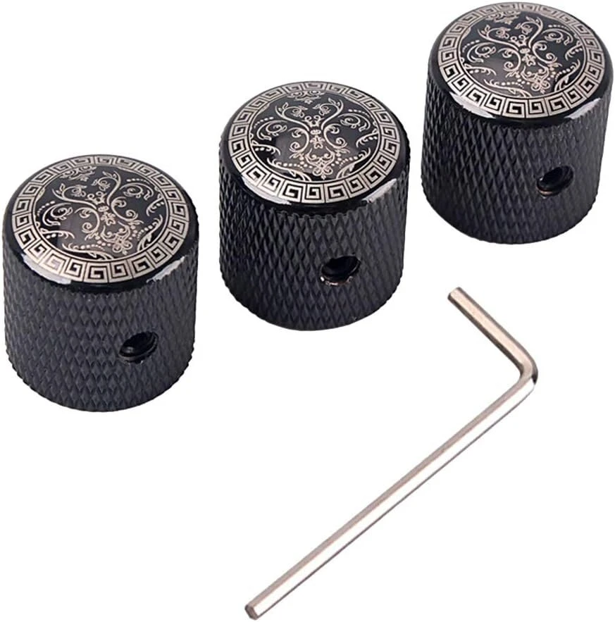 H Hilabee Metriniai metaliniai kupolo formos potenciometro dangteliai su raktu elektrinei gitarai ar bosinei gitarai, juodi (3 vnt.)