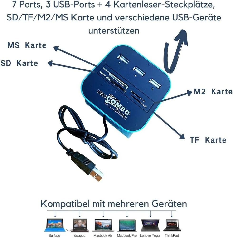 H31cs usb 2.0 šakotuvas su 3 prievadais ir kortelių skaitytuvu - 4-in-1 sd/microsd/m2/ms pro duo - 3x usb 2.0 female - idealiai tinka nešiojamam ir stacionariam kompiuteriui