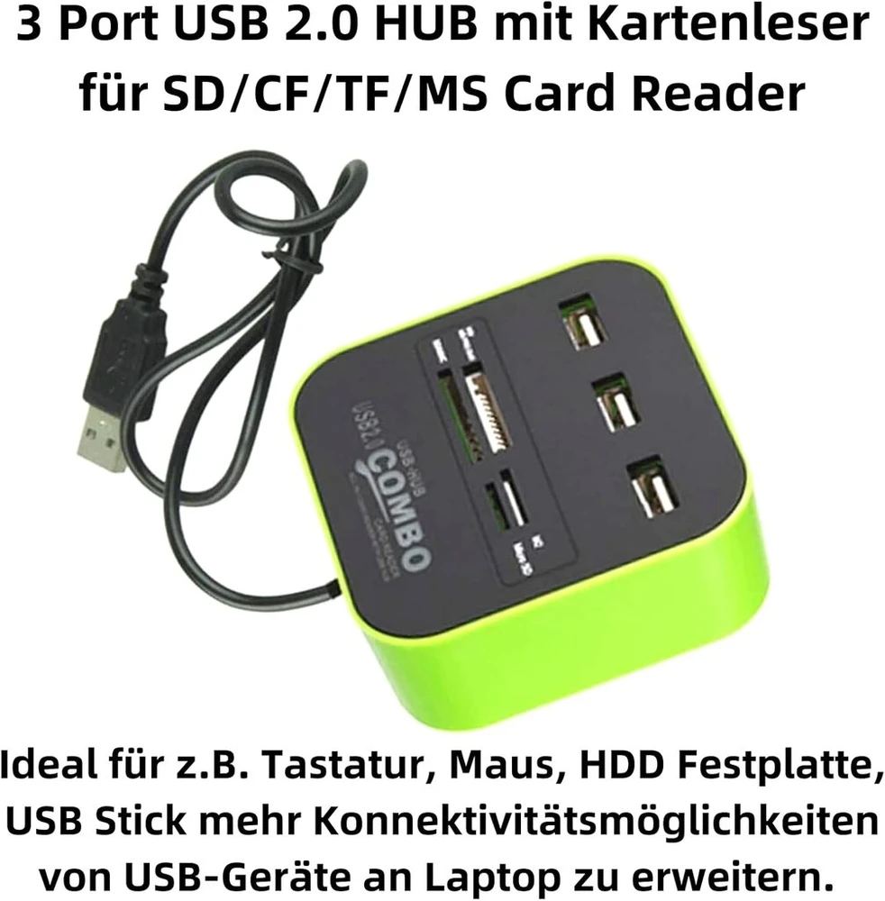 H31cs usb 2.0 šakotuvas su 3 prievadais ir kortelių skaitytuvu - 4-in-1 sd/microsd/m2/ms pro duo - 3x usb 2.0 female - idealiai tinka nešiojamam ir stacionariam kompiuteriui
